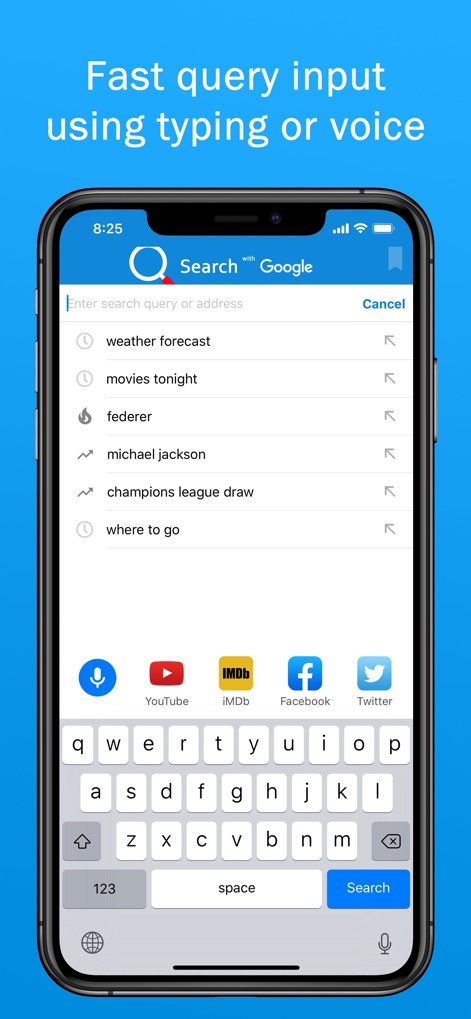 Smart Search & Web Browser - Users can swiftly find information using the app's autocomplete queries and convenient built-in voice input feature.