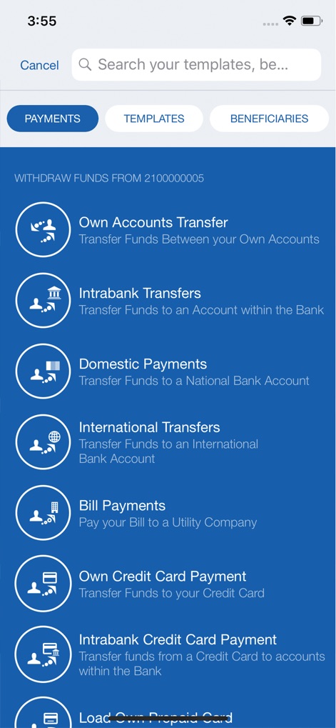 ComBank Digital - The app provides a comprehensive payment hub, featuring organized tabs for 'Payments,' 'Templates,' and 'Beneficiaries,' alongside a wide array of transfer options including 'International Transfers' and 'Bill Payments' for diverse financial needs.