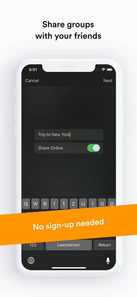 Splid – Split group bills - Users can effortlessly create new groups by naming them in the input field, such as "Trip to New York", and activate the "Share Online" toggle to invite others for collaborative expense tracking.