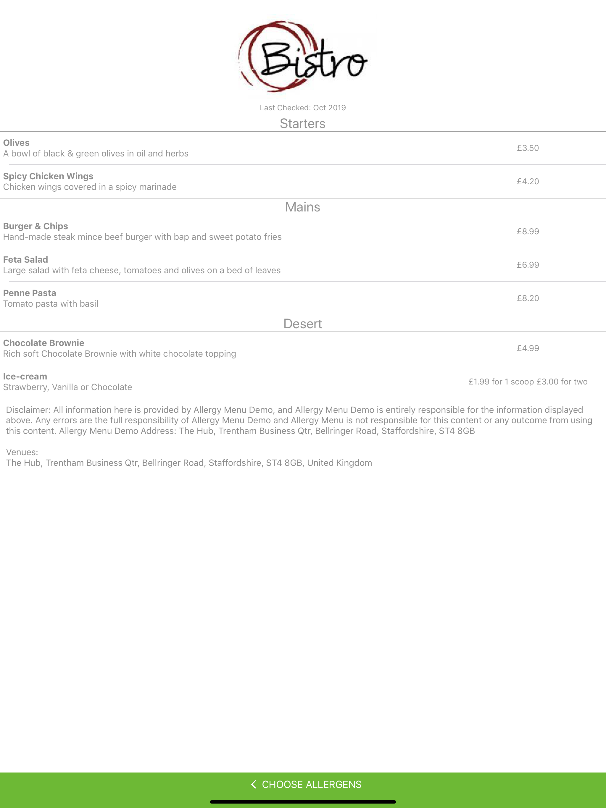 Allergy Menu
