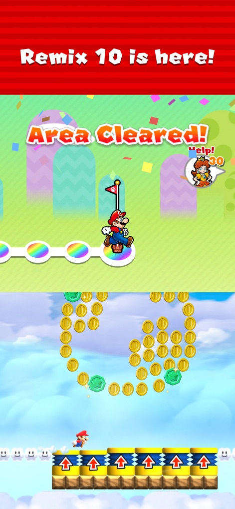 Super Mario Run - El modo Remix 10 ofrece niveles cortos y dinámicos, donde los usuarios pueden completar desafíos rápidos y enfocarse en la colección de monedas, con un contador para encontrar a Daisy.