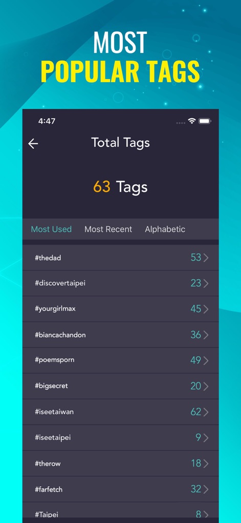 Followers Track & Likes Insigt - Users can refine their hashtag strategy by analyzing total tag usage statistics and viewing a sorted list of most popular hashtags.