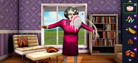 Scary Teacher 3D - Les utilisateurs peuvent planifier des farces mémorables en sélectionnant des objets malicieux comme le gâteau surprise ou le hot-dog piégé, visibles dans le menu d'inventaire interactif.