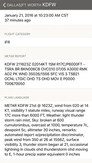 Captura de pantalla de METARs Aviation Weather en iPhone 3