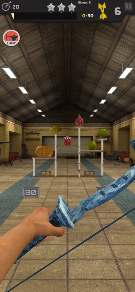 Arrow Master: Archery Game - This scene reveals a diverse set of fruit targets on elevated stands within an indoor archery range, offering varied challenges.