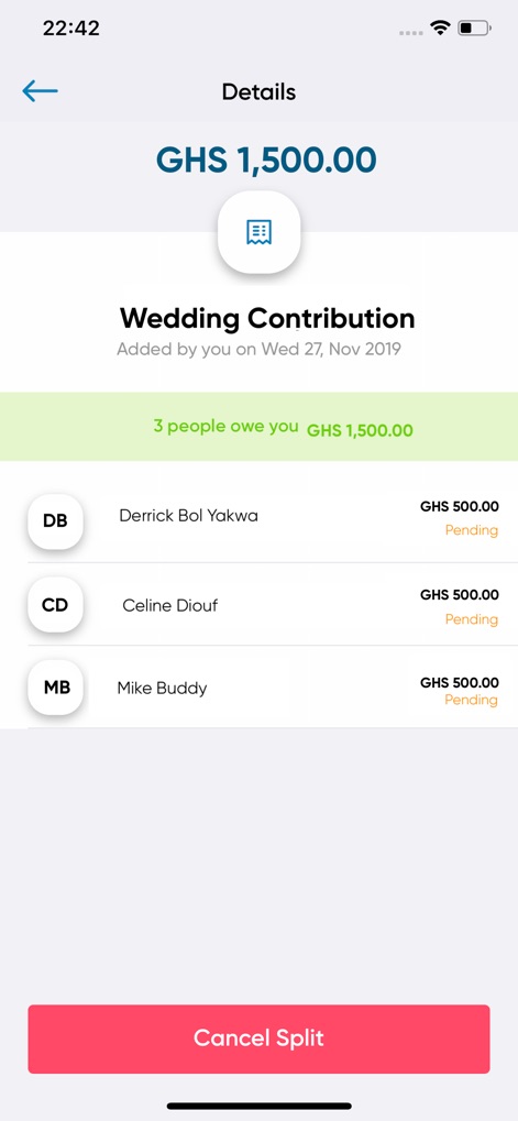 Ecobank Mobile App - 이 상세 화면은 'Wedding Contribution'에 대한 총액 'GHS 1,500.00'을 명확히 보여주며, 각 사람에게 할당된 '보류 중'인 금액을 확인할 수 있습니다.