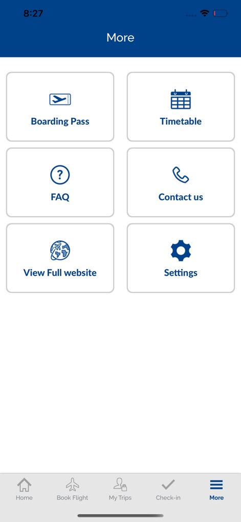 Smartwings - Das 'More'-Menü bietet schnellen Zugriff auf nützliche Funktionen, darunter den 'Boarding Pass' und eine 'FAQ'-Sektion, um alle Reisebedürfnisse zu erfüllen.