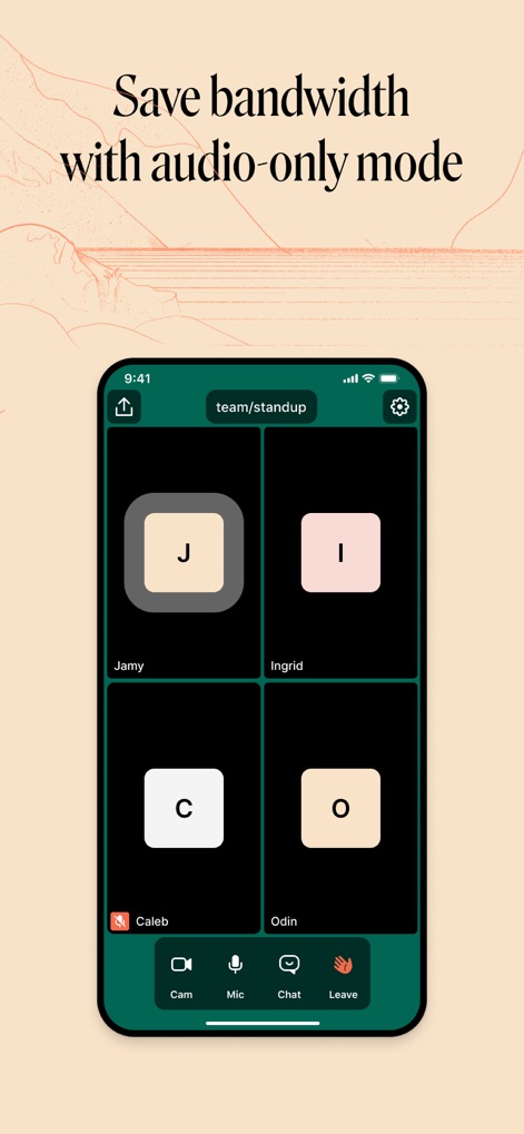 Whereby - Video Meetings - Zur Optimierung der Bandbreitennutzung bietet die App einen Audio-Modus, in dem die Videobilder der Teilnehmer durch Initialen ersetzt werden, während die essenziellen Bedienelemente für das Meeting erhalten bleiben.