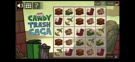 Troll Face Quest Video Games - This app presents a satirical take on popular match-3 puzzles with 'Candy Trash Saga,' where players manipulate disgusting food items and discarded socks in a grid-based challenge.