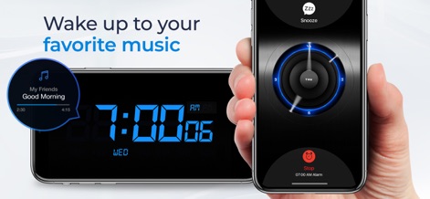 Alarm Clock for Me - Wake Up! - La aplicación permite a los usuarios despertarse con su música preferida, como se muestra en la notificación de la canción "My Friends Good Morning", y ofrece un diseño de reloj digital claro con opciones de "Snooze" y "Stop" para una gestión sencilla del despertador.
