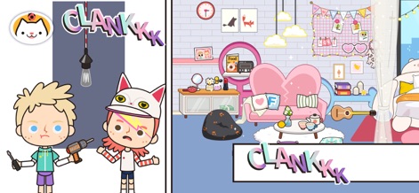 Miga Town:Apartment - Esta herramienta ofrece una amplia personalización de espacios, permitiendo a los niños decorar sus habitaciones con muebles únicos como el sofá rosa y fomentando la interacción con objetos, evidenciado por el personaje con el taladro y la luz colgante.