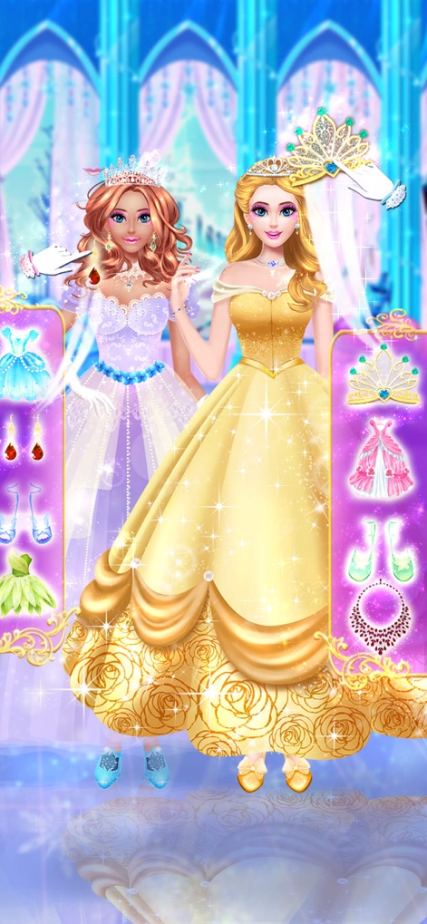 Princess dress up fashion game - ユーザーは、美しいゴールデンローズのドレスや、多彩なデザインのシューズを選択パネルから選び、プリンセスを華やかに着せ替えることができます。
