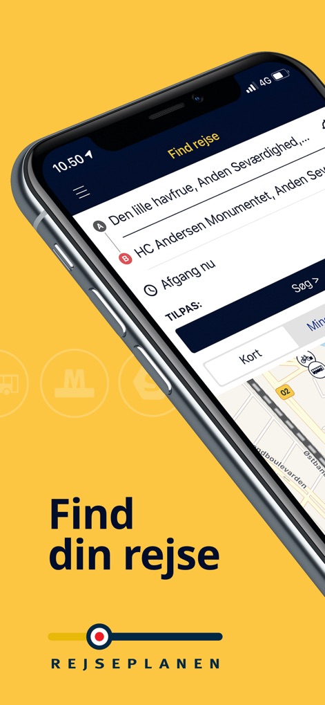Rejseplanen - 出発地と目的地を簡単に入力でき、リアルタイムの地図上で最適なルートの概要を確認できます。