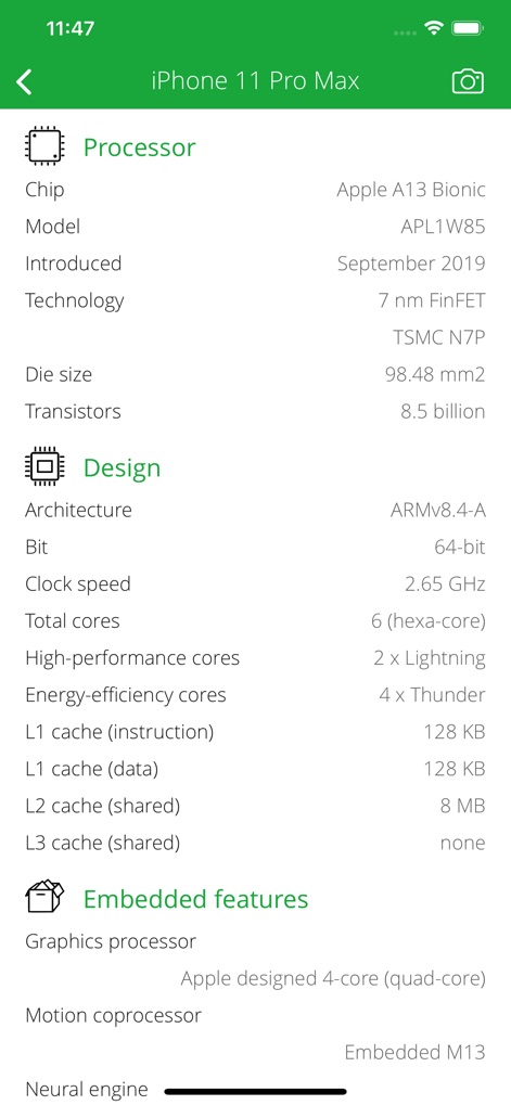 DLNA Browser - 이 화면은 Apple A13 Bionic 칩의 아키텍처와 코어 구성을 상세히 보여주며, 6코어(헥사코어) CPU와 4코어 그래픽 프로세서를 확인할 수 있습니다.