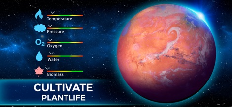 TerraGenesis - Space Settlers - Observe the planet's transformation as life begins to emerge, reflected in the increasing biomass levels and the first green patches on the surface.