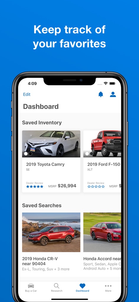 Edmunds - Shop Cars For Sale - L'app permette di tenere traccia dell'"Inventario Salvato" e di recuperare facilmente le "Ricerche Salvate" per una consultazione rapida e organizzata.