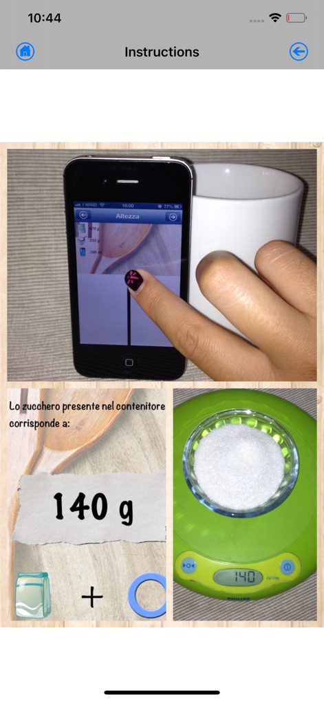 Kitchen Scales - Se ilustra el ajuste fino del nivel del ingrediente a través de un control deslizante interactivo en el teléfono, que culmina en la exhibición del peso calculado, como "140 g" de azúcar. Se observa una verificación externa con una balanza física que confirma la medida.