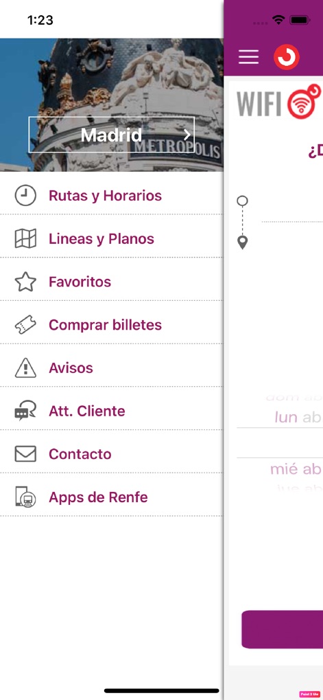 Renfe Cercanias - Questo strumento presenta un menu di navigazione completo, che include opzioni come "Rutas y Horarios" e la possibilità di "Comprar billetes", per un accesso rapido alle principali funzioni.
