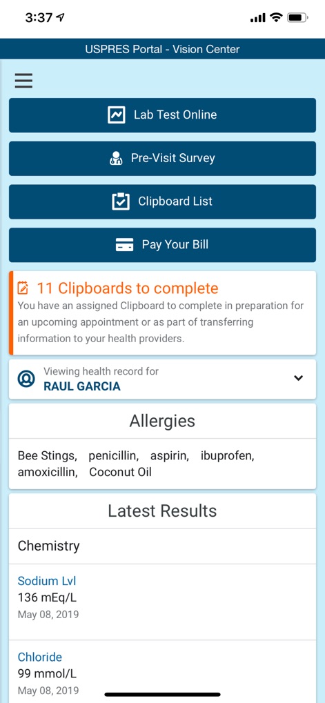 HealtheLife - The app provides an at-a-glance dashboard featuring quick-access buttons for tasks like 'Pay Your Bill' and important health information such as 'Allergies' and 'Latest Results'.