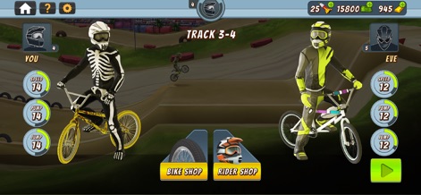 Mad Skills BMX 2: Bike Game - Players can personalize their experience by selecting unique rider gear, such as a skeleton suit, and view key stats like Speed and Jump before a race.