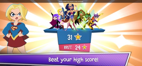 DC Super Hero Girls Blitz - O visual mostra a Supergirl com uma expressão determinada e uma tela de pontuação exibindo estrelas e o 'melhor' recorde, reforçando o objetivo de superar resultados anteriores e o sistema de classificação por estrelas.