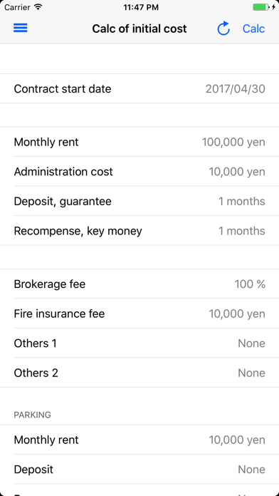 Rental initial cost calculator Screenshot