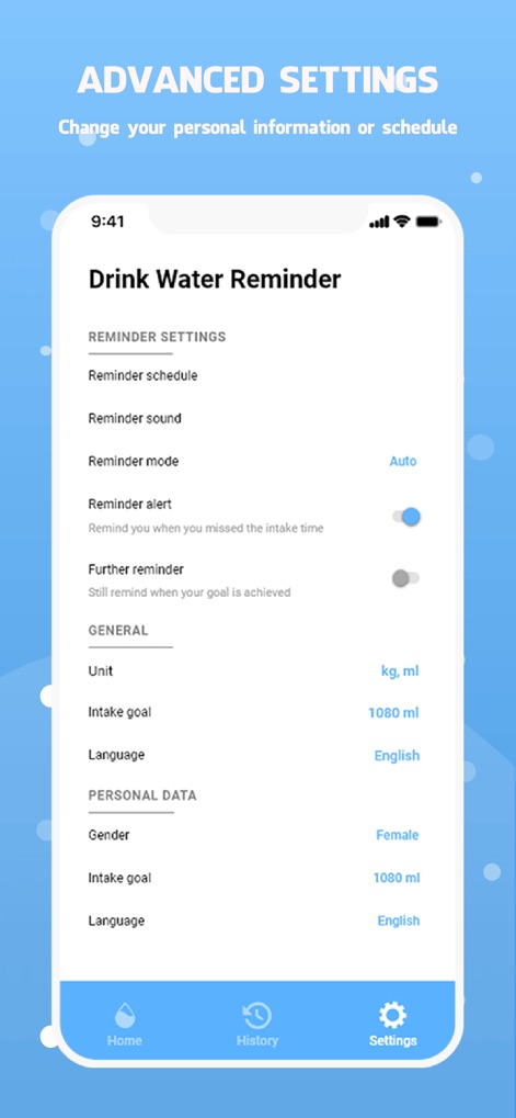 Drink water reminder - Explore the extensive 'Advanced Settings' menu, allowing users to fine-tune reminder schedules and customize personal data such as gender and intake goals.