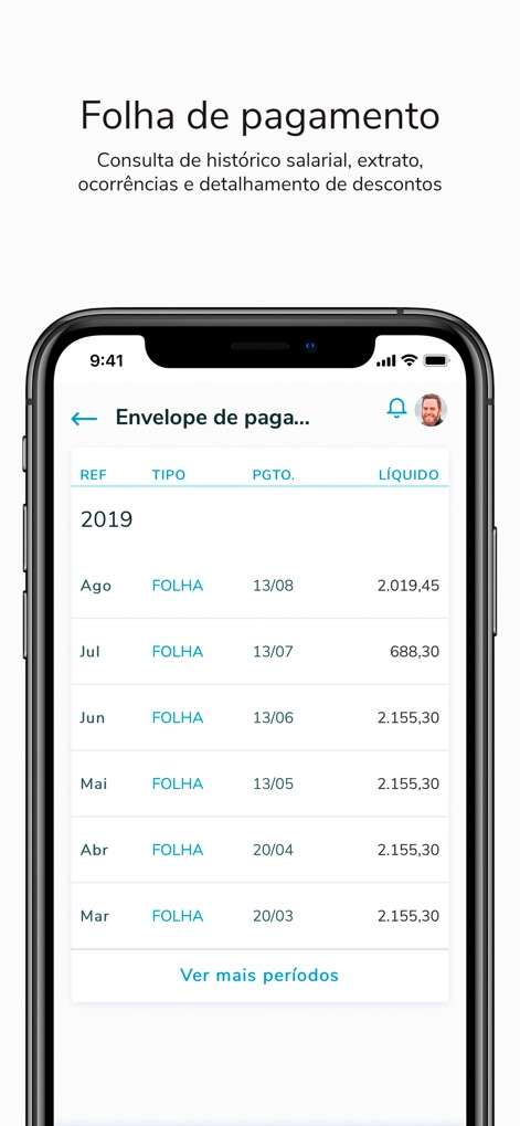 TOTVS My HR - 이 화면은 사용자가 자신의 월별 급여 명세서를 편리하게 조회하고, 각 급여 항목의 날짜 및 최종 순수령액을 한눈에 확인할 수 있도록 돕습니다.