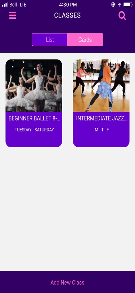 Dakiki - by DanceComp Genie - See how the app effectively organizes dance classes using intuitive cards with images and provides flexible viewing options with its "List" and "Cards" toggle.