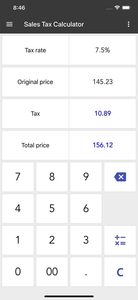 ClevCalc - Calculator - Quickly determine the final cost by entering the 'Tax rate' and 'Original price', allowing users to see the calculated 'Tax' and the overall 'Total price'.
