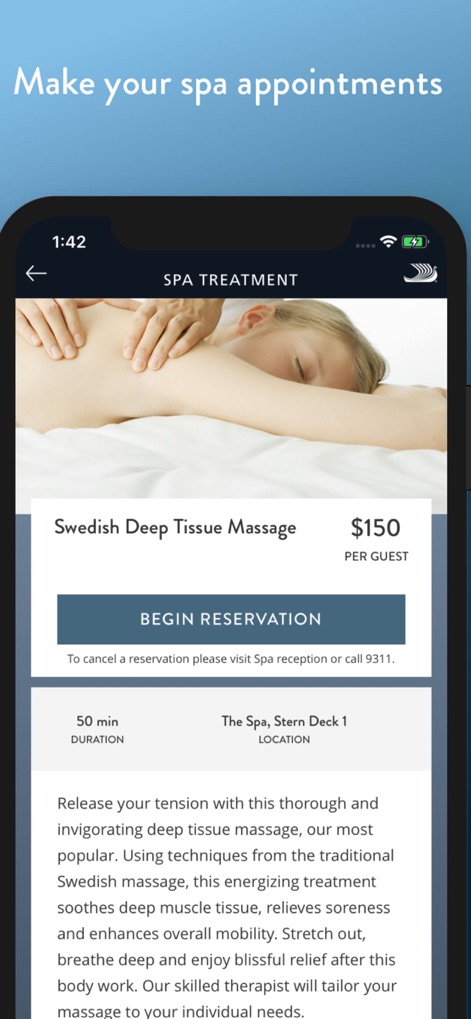 Viking Voyager - La aplicación permite a los viajeros reservar tratamientos de spa, mostrando opciones detalladas como el "Swedish Deep Tissue Massage" y su "duración de 50 min" en la descripción.