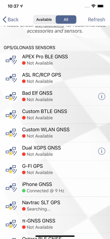 Harry's Dyno - This screen provides a comprehensive 'Sensor List', showing the compatibility and connection status of various external 'GPS/GLONASS sensors' for enhanced measurement precision.