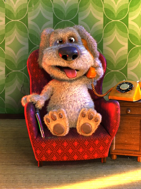 Talking Ben the Dog for iPad - Qui, Ben è comodamente seduto sulla sua poltrona rossa, engagé in una conversazione animata utilizzando un telefono vintage, una delle interazioni più classiche dell'applicazione.