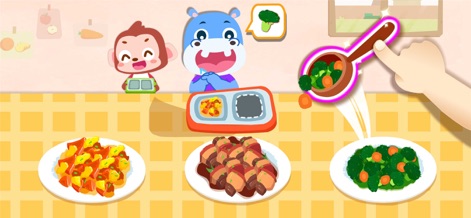 Baby Panda Kindergarten - The app encourages healthy eating by allowing users to practice serving nutritious food items and explore a variety of balanced meal options.