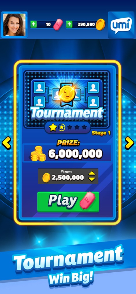 Family Feud® Live! - This visual highlights the high stakes of "Tournament" play, featuring a significant coin "Prize" of 6,000,000 and the option to make a "Wager" before starting.