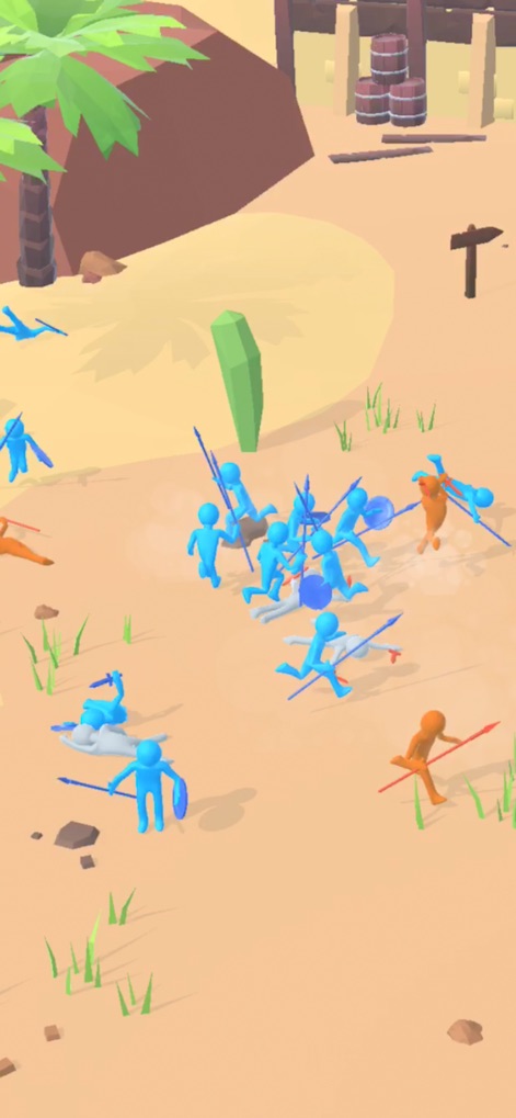 Big Battle 3D - Observe the chaotic engagement of armies amidst detailed desert scenery, featuring fallen units and strategic environmental elements like palm trees and camp structures.