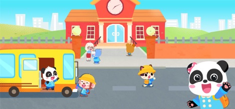 Baby Panda Kindergarten - The app showcases a vibrant school building entrance and the happy arrival of children by school bus, setting the scene for daily adventures.