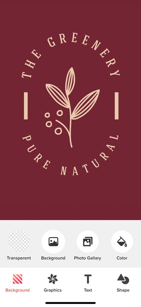Logo Maker - Logo Design Shop - This view demonstrates the app's flexibility in managing backgrounds, offering options such as a 'Transparent' canvas and custom 'Background' images or colors.