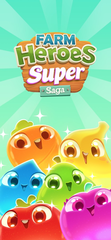 Farm Heroes Super Saga - This visual presents the game's charming logo, 'Farm Heroes Super Saga', alongside a group of the app's iconic, smiling Cropsie characters.