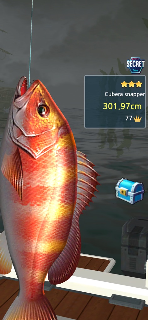 Fishing Hook - Marvel at the detailed render of a prized catch and its unique statistical information, such as size and trophy points, celebrating user achievements.