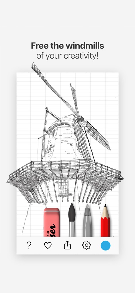 Tayasui Doodle Book - Scribble - The app supports intricate artistic endeavors, showcased by the detailed "windmill illustration" on grid paper and the comprehensive "toolbar" featuring essential drawing and editing tools.