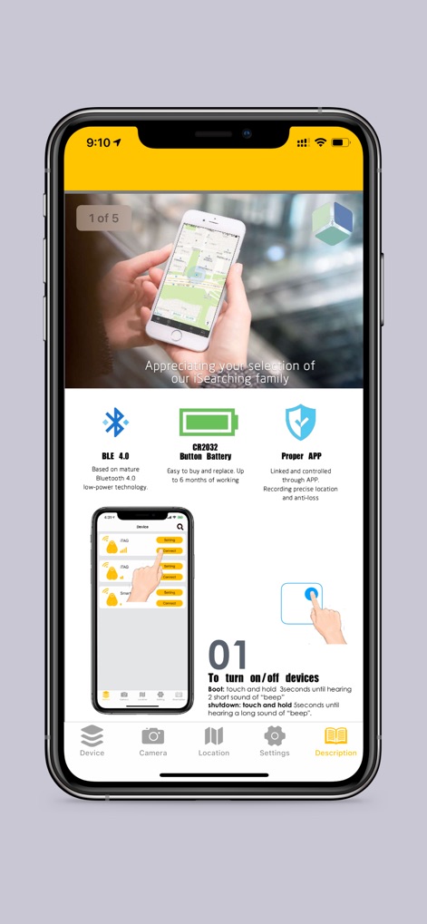 iSearching - Understand the core features like BLE 4.0 connectivity and the CR2032 button battery, along with clear visual instructions for turning devices on or off.