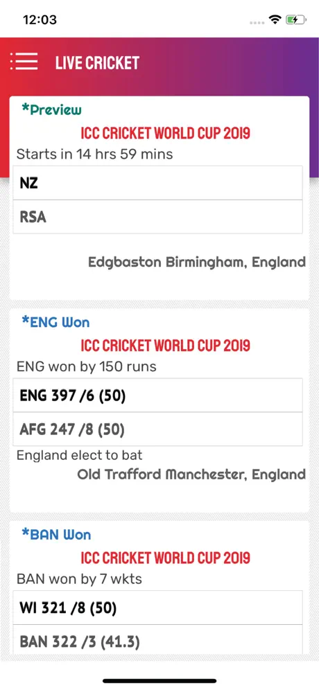 Live Cricket WorldCup 2019
