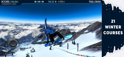 Snowboard Party - Observe the app's next-generation 3D graphics beautifully rendering vast mountain landscapes, alongside a snowboarder executing a dynamic 'Tail Grab' trick.