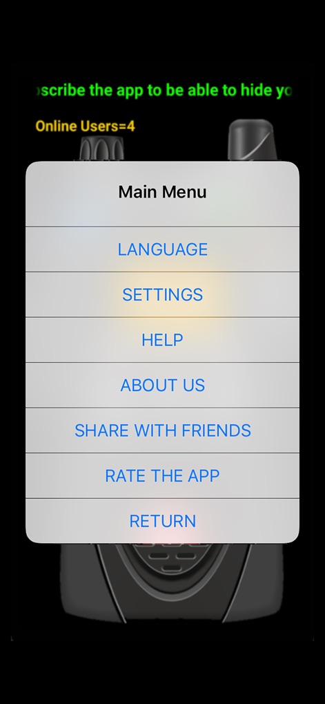 Online Walkie Talkie Pro - The 'Main Menu' provides quick access to critical features, including 'LANGUAGE' settings and a detailed 'HELP' section.