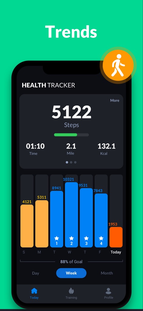 Step Tracker · Step Counter - Users can effortlessly track their activity trends with a clear "HEALTH TRACKER" dashboard and a detailed "weekly" bar chart visualizing step counts.
