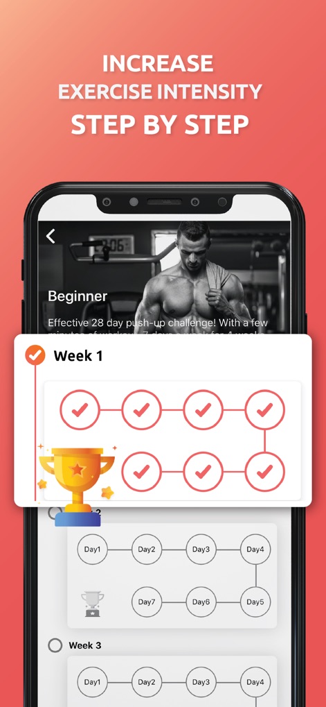 Push Up Challenge - Push Ups - Gli utenti possono seguire sfide strutturate che aumentano l'intensità passo dopo passo, come evidenziato dalla panoramica della "Week 1" completata con successo nel livello "Beginner".