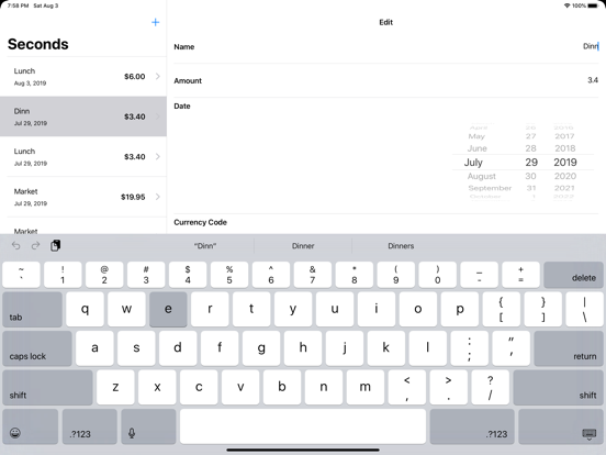 Seconds Expense iPad screenshot