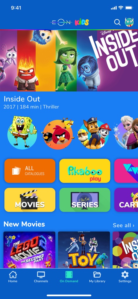 EON TV - The app offers a dedicated 'EON Kids' section, providing categorized content access for children's movies and cartoons.