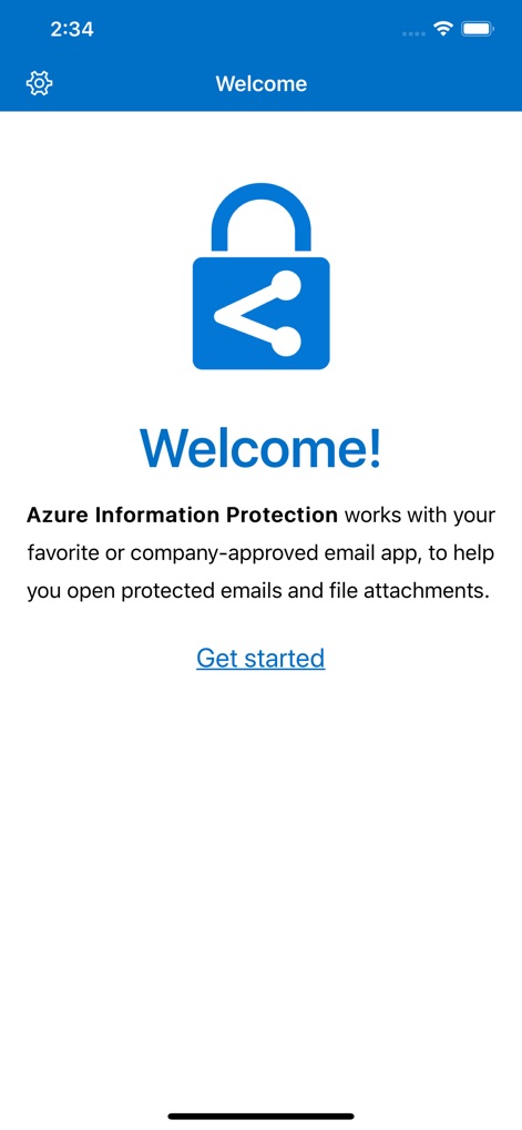 Azure Information Protection - 이 앱은 사용자에게 안전한 협업 경험을 제공하며, 화면 중앙의 자물쇠 아이콘과 환영 메시지를 통해 앱의 보안 지향적인 역할을 강조합니다.